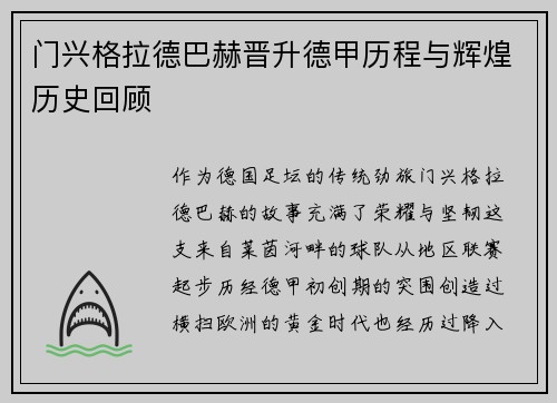 门兴格拉德巴赫晋升德甲历程与辉煌历史回顾